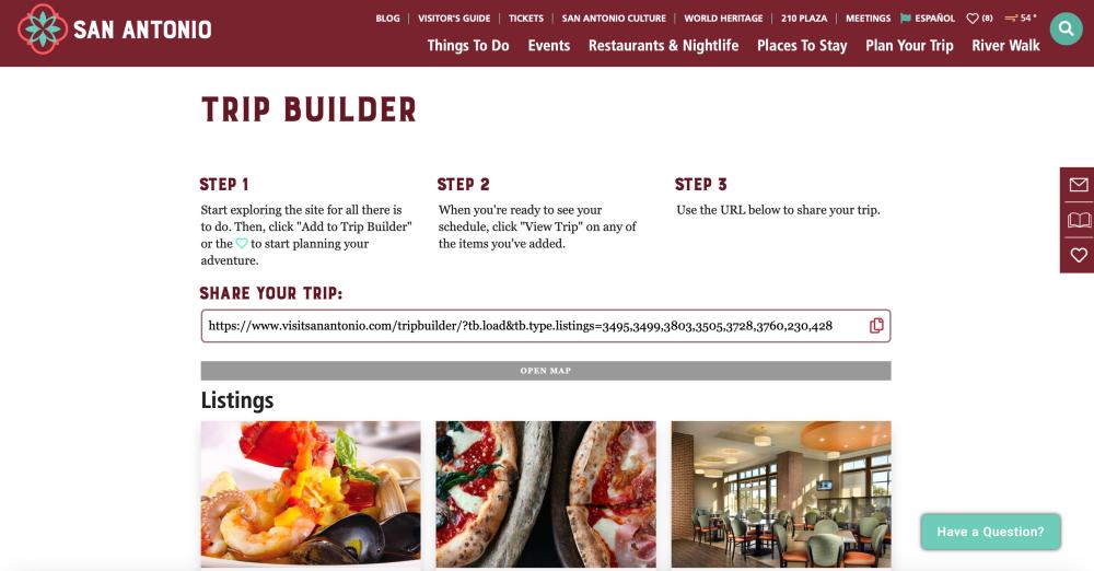 Screenshot of Trip Builder page